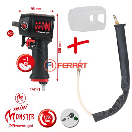1/2" miniMONSTER Xtremelight vysokovýkonný pneumatický nárazový uťahovač 1 390 Nm s ochranným puzdrom a hadicou redukujúcou hluk