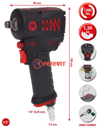 Vysokovýkonný pneumatický príklepový skrutkovač 1/2" mini MONSTER 1390 Nm