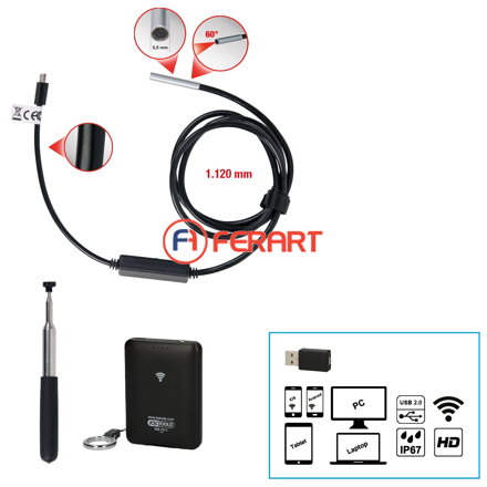 WiFi súprava obrazových osciloskopov s Ø 6,0 mm 0° a 90° HD sonda prednej kamery, prepínacia, 4-dielna