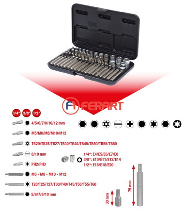 Súprava 1/4" -1/2" nástrčkových kľúčov Torx a bitov, 57 ks