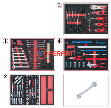 Súprava univerzálnych systémových vložiek pre 4 zásuvky s 131 prémiovými nástrojmi