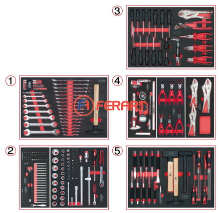 Súprava univerzálnych systémových vložiek pre 5 zásuvky s 251 prémiovými nástrojmi