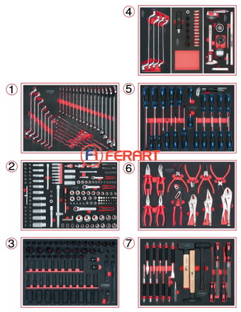 Súprava univerzálnych systémových vložiek pre 7 zásuvky s 378 prémiovými nástrojmi
