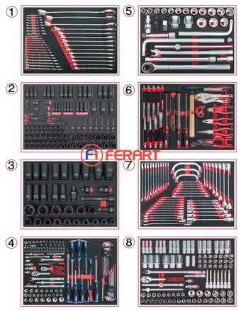 Súprava univerzálnych systémových vložiek pre 8 zásuvky s 484 prémiovými nástrojmi