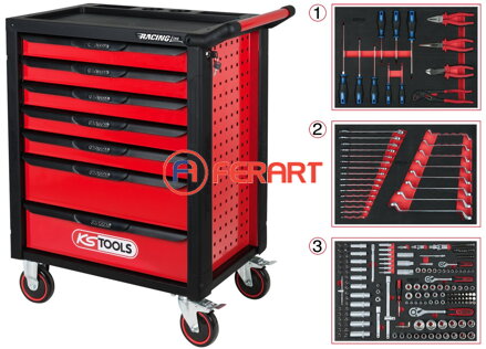 RACINGline ČIERNY/ČERVENÝ dielenský vozík so 7 zásuvkami a 215 dielnou sadou prémiového náradia
