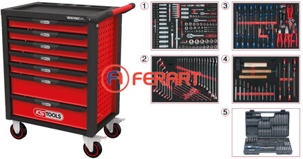 RACINGline ČIERNY/ČERVENÝ dielenský vozík so 7 zásuvkami a 515 dielmi prémiového náradia