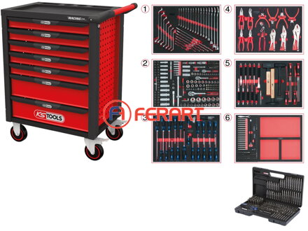 RACINGline CIERNY/CERVENÝ dielenský vozík so 7 zásuvkami a 598 dielm prémiového náradia