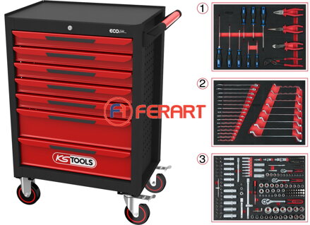 ECOline ČIERNY/ČERVENÝ dielenský vozík so 7 zásuvkami a 215 dielnou sadou prémiového náradia