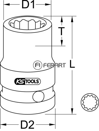 1/2" 12-hranný silový nástrčný orech, krátky, 22mm